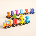 Wooden magnetic number train with a crocodile engine and colourful number wagons from 0 to 10 on a cream background