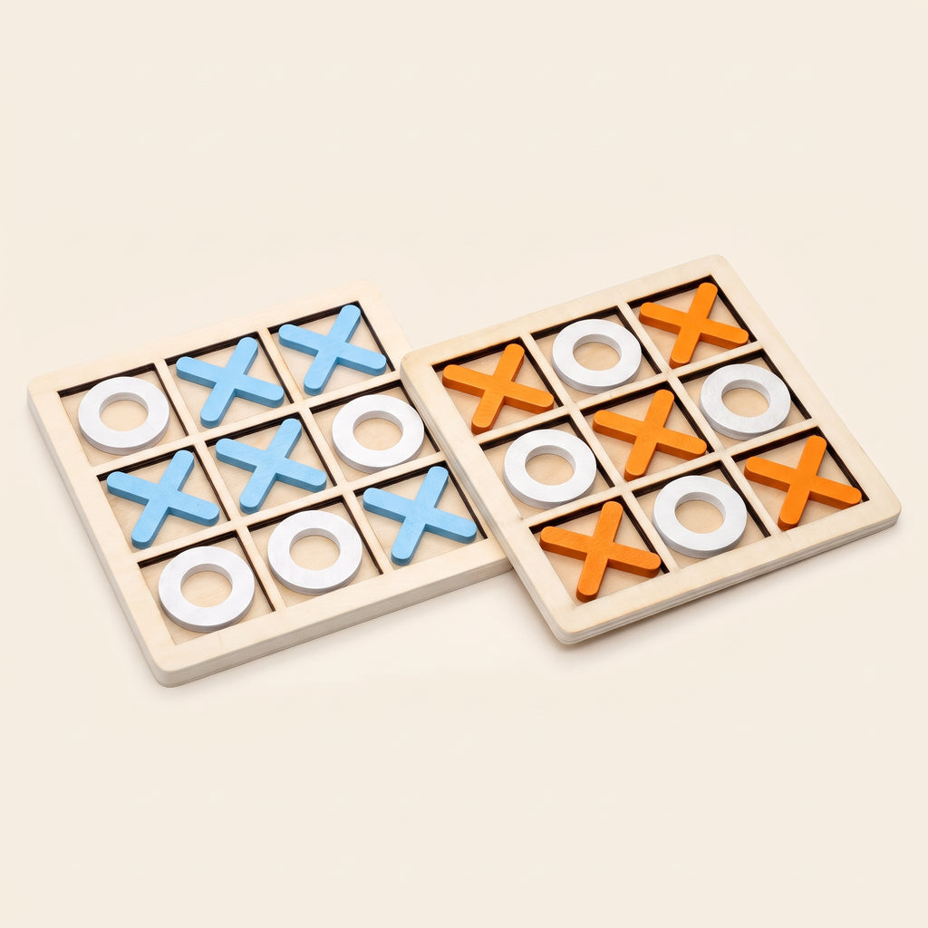 Two wooden noughts and crosses boards, one with blue crosses and one with orange crosses, on a cream background