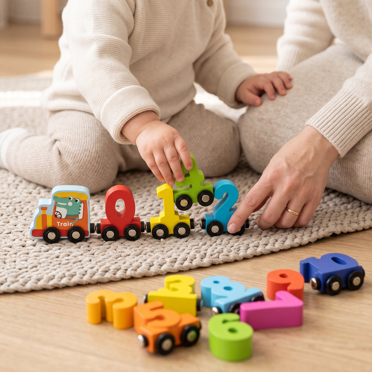 A parent and child putting the wooden number train wagons in order together