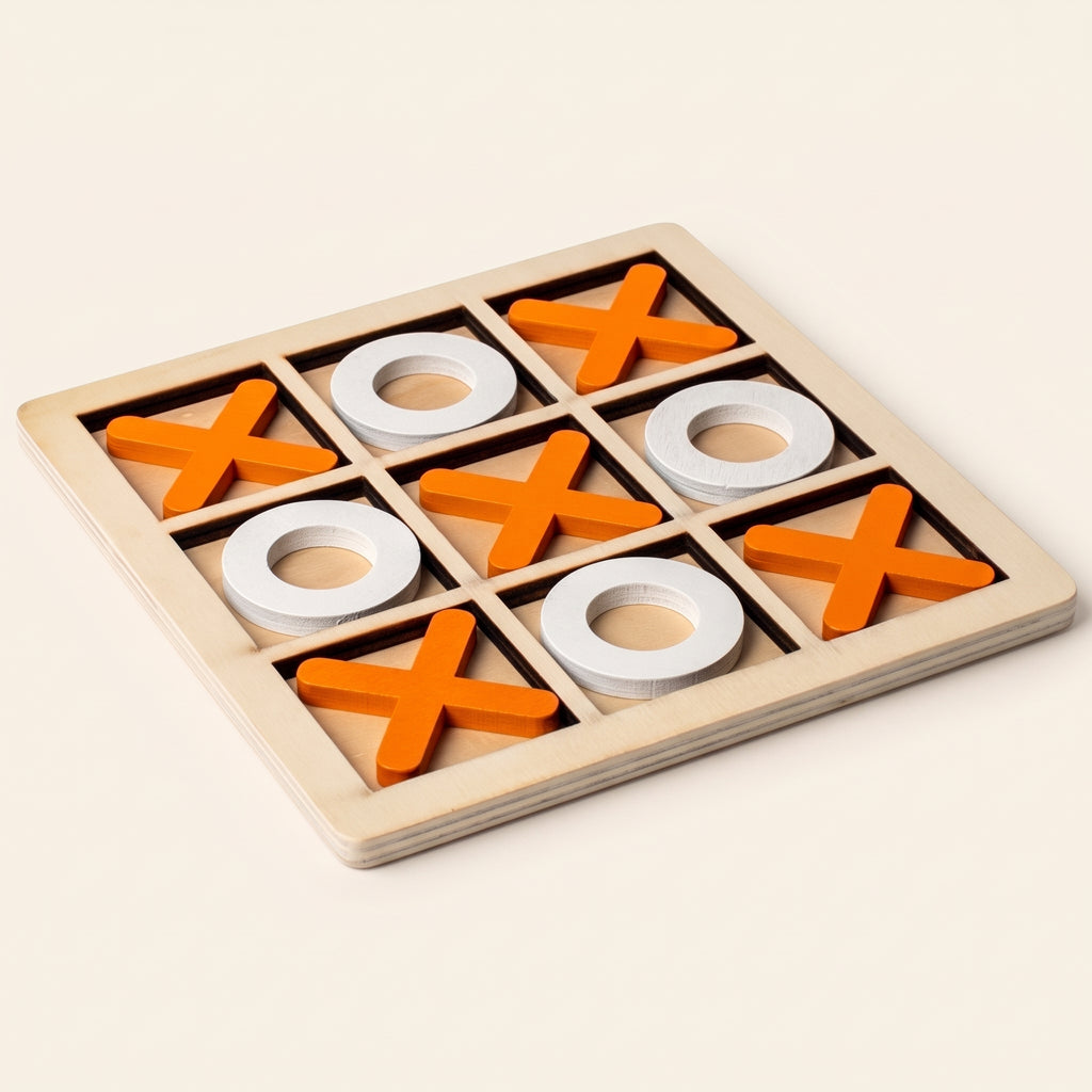 Wooden noughts and crosses board with orange crosses and white noughts
