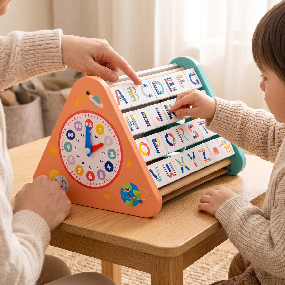 A parent and child turning the letter tiles of the wooden learning triangle together