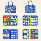 All pages of the Blue Vehicles felt busy book: covers, practical life, body parts, animals, weather, colours, shapes and counting