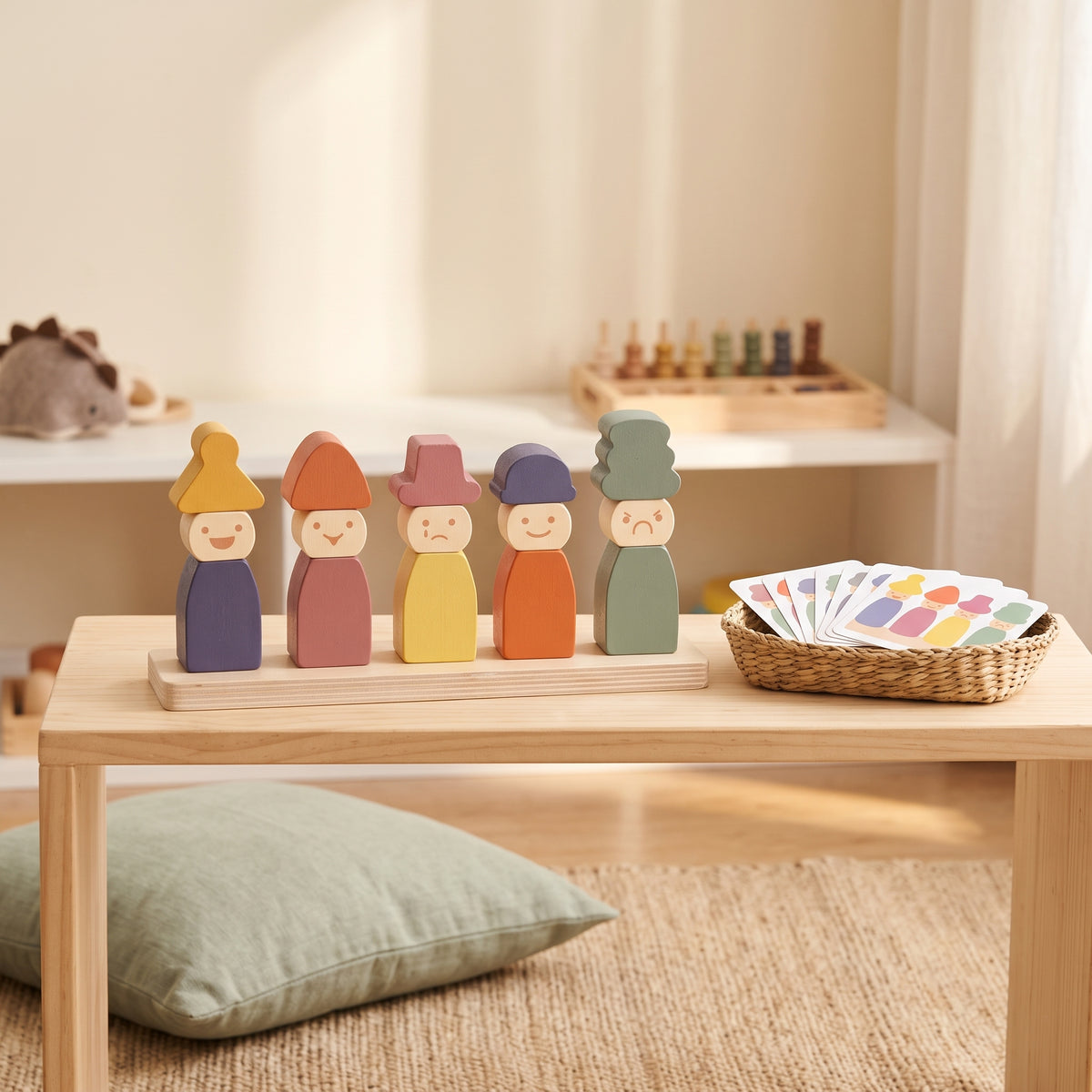 Wooden feelings peg dolls on a low Montessori shelf