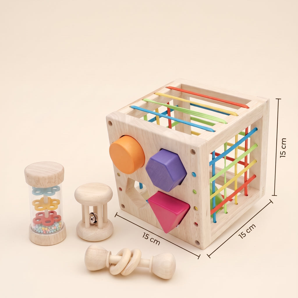 Shape sorter cube dimensions: 15 x 15 cm