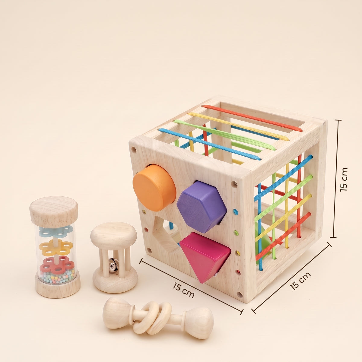 Shape sorter cube dimensions: 15 x 15 cm