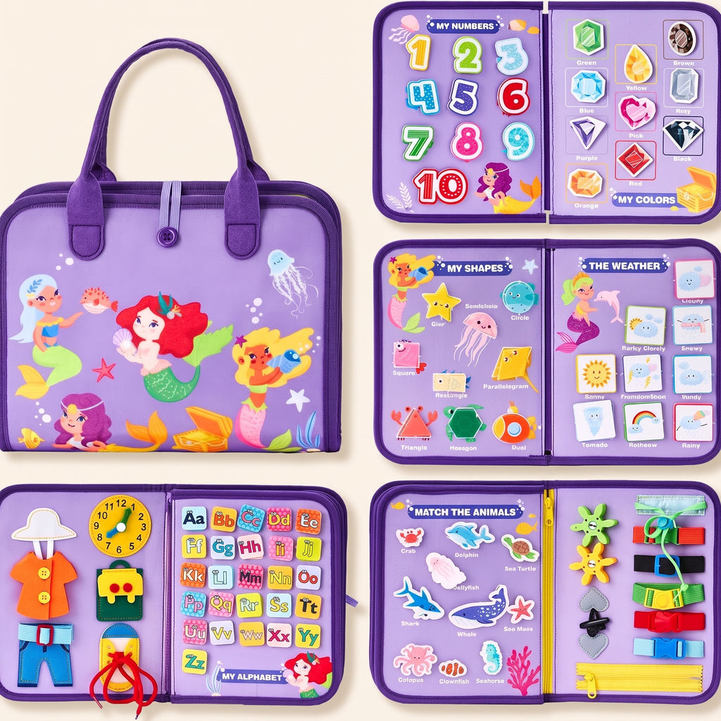The Lilac Mermaid Sea felt busy book: cover, numbers, gems, shapes, weather, dress-up, alphabet and sea animals pages