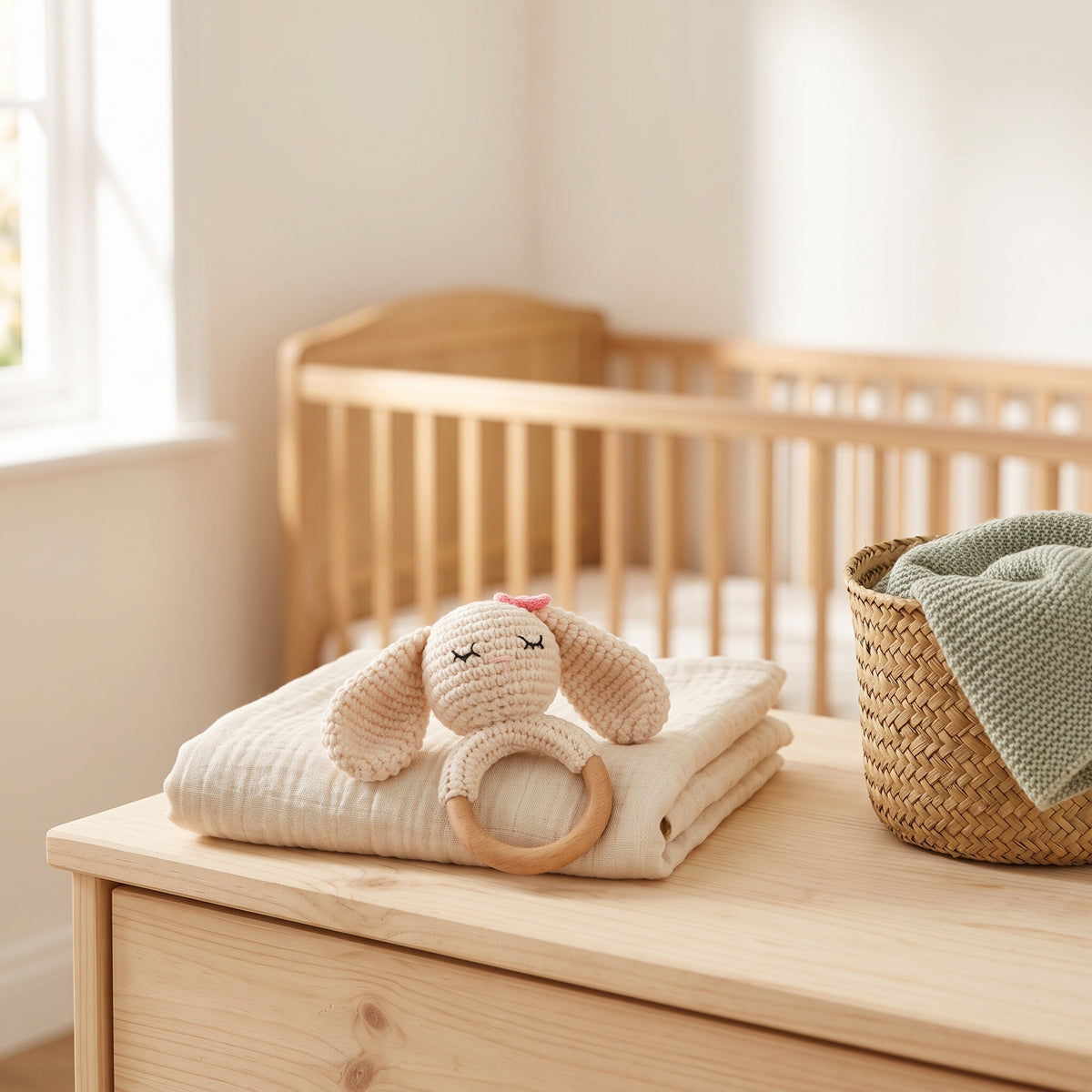 Crochet bunny rattle on a linen blanket in a calm Scandinavian nursery